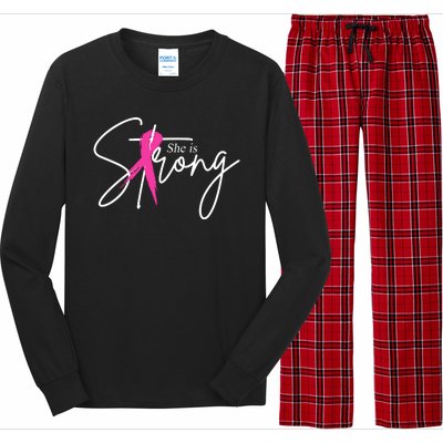 She Is Strong Breast Cancer Awareness Ribbon Long Sleeve Pajama Set