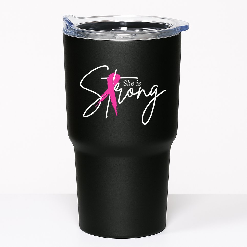 She Is Strong Breast Cancer Awareness Ribbon Tumbler