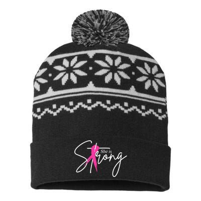 She Is Strong Breast Cancer Awareness Ribbon USA-Made Snowflake Beanie