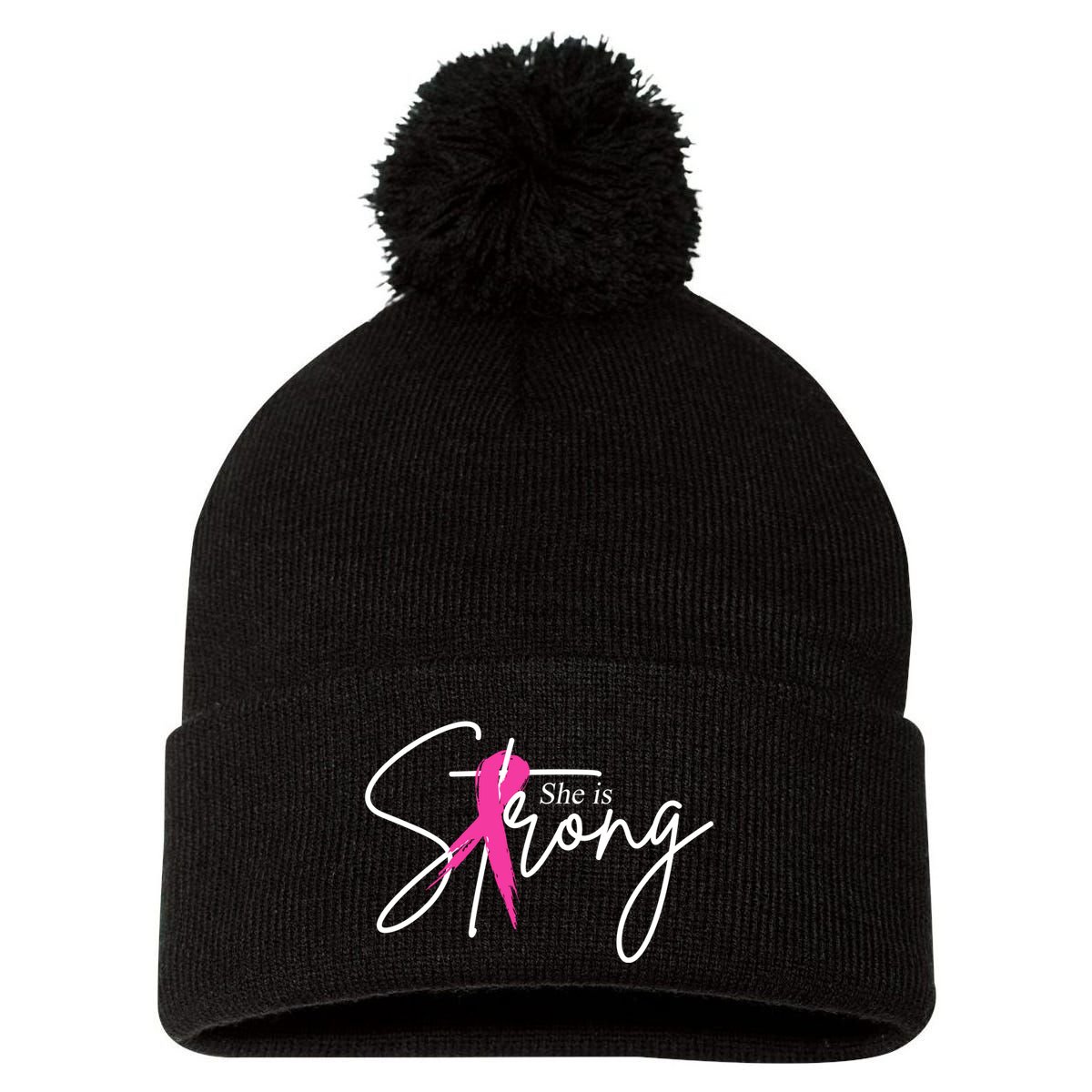 She Is Strong Breast Cancer Awareness Ribbon Pom Pom 12in Knit Beanie