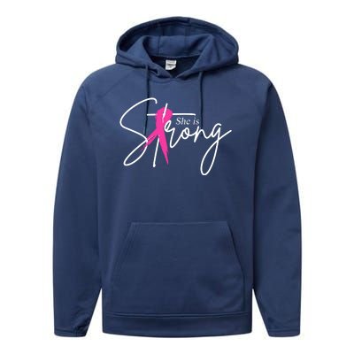 She Is Strong Breast Cancer Awareness Ribbon Performance Fleece Hoodie