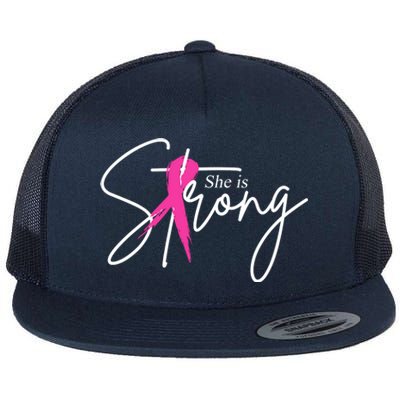 She Is Strong Breast Cancer Awareness Ribbon Flat Bill Trucker Hat