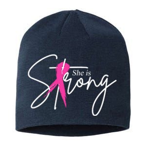 She Is Strong Breast Cancer Awareness Ribbon Sustainable Beanie