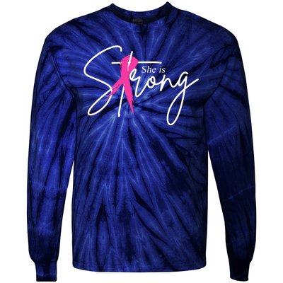 She Is Strong Breast Cancer Awareness Ribbon Tie-Dye Long Sleeve Shirt