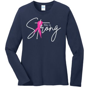 She Is Strong Breast Cancer Awareness Ribbon Ladies Long Sleeve Shirt