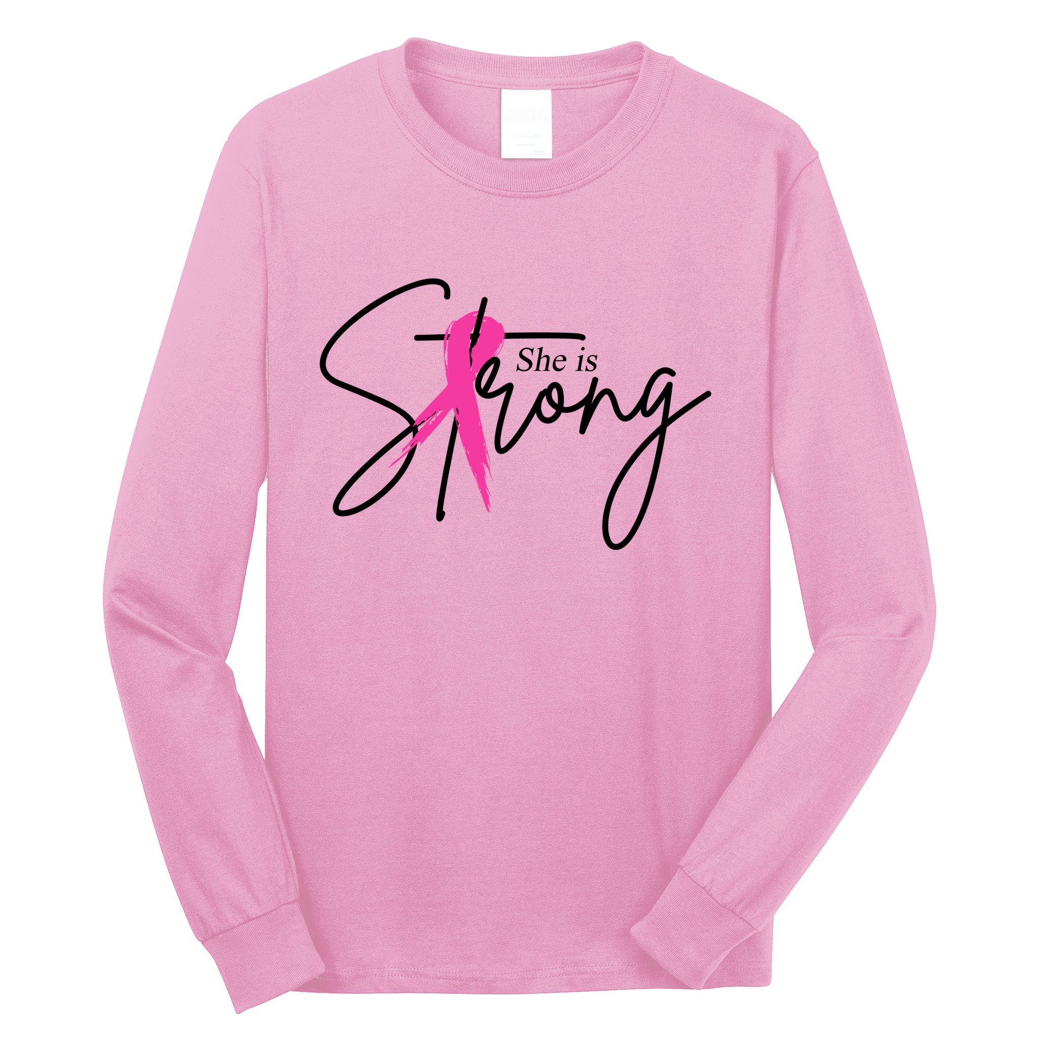 She Is Strong Breast Cancer Awareness Ribbon Long Sleeve Shirt