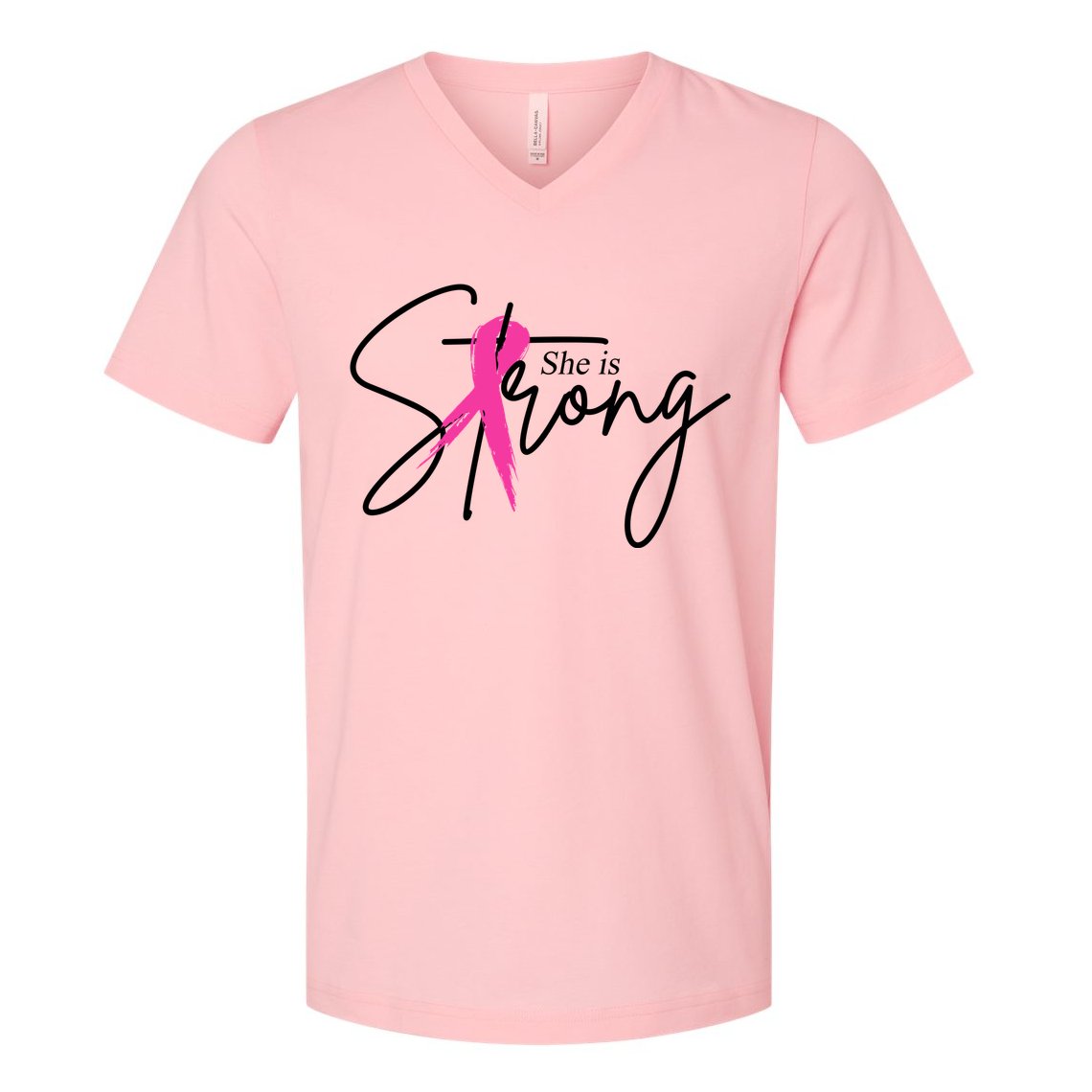 She Is Strong Breast Cancer Awareness Ribbon V-Neck T-Shirt
