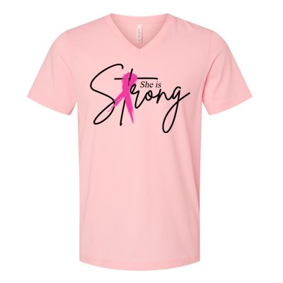 She Is Strong Breast Cancer Awareness Ribbon V-Neck T-Shirt