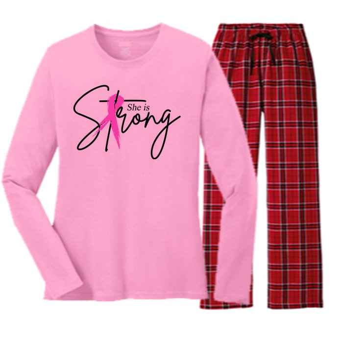 She Is Strong Breast Cancer Awareness Ribbon Women's Long Sleeve Flannel Pajama Set 