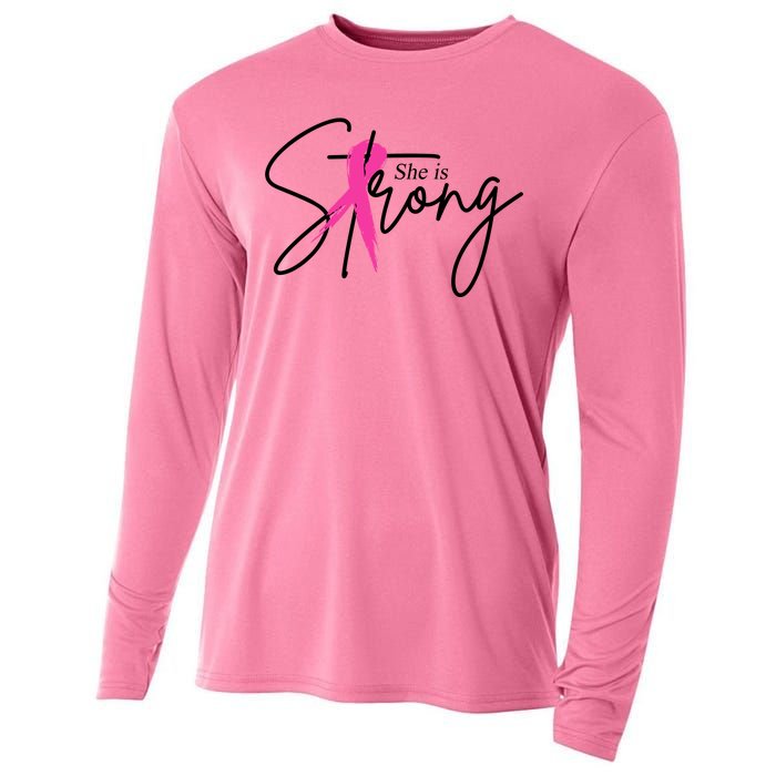 She Is Strong Breast Cancer Awareness Ribbon Cooling Performance Long Sleeve Crew