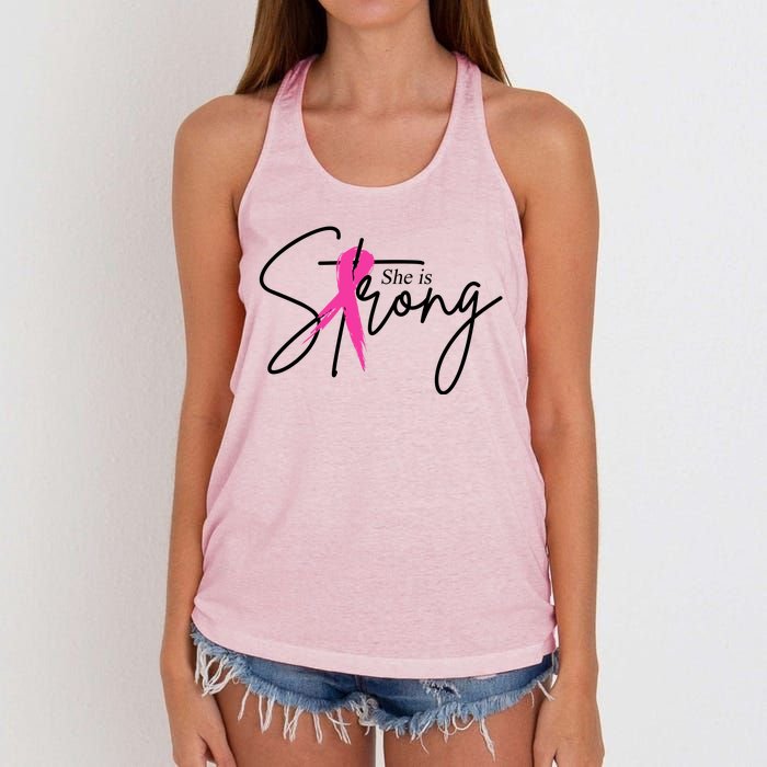 She Is Strong Breast Cancer Awareness Ribbon Women's Knotted Racerback Tank