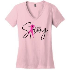 She Is Strong Breast Cancer Awareness Ribbon Women's V-Neck T-Shirt