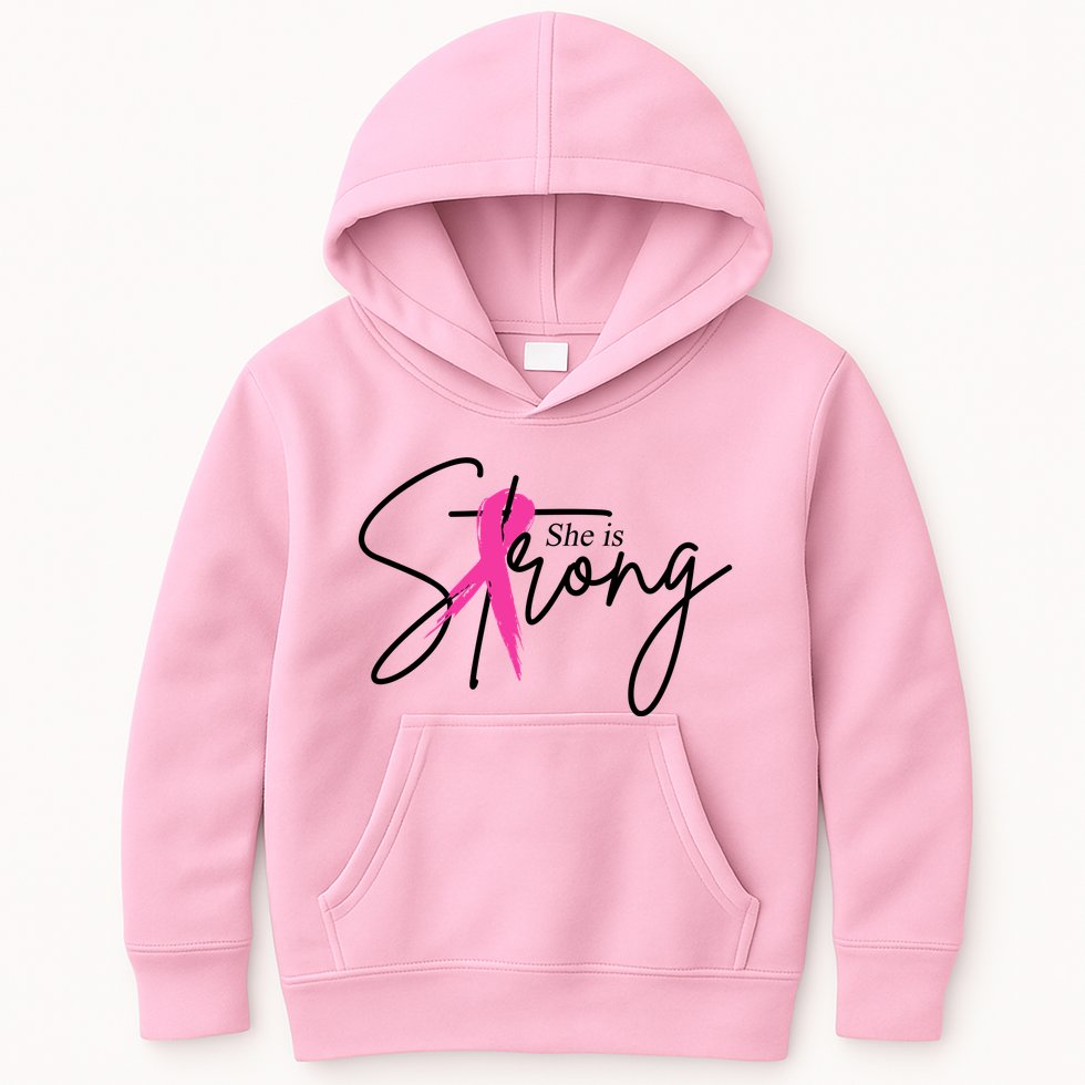 She Is Strong Breast Cancer Awareness Ribbon Kids Hoodie
