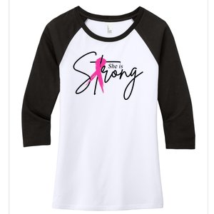 She Is Strong Breast Cancer Awareness Ribbon Women's Tri-Blend 3/4-Sleeve Raglan Shirt