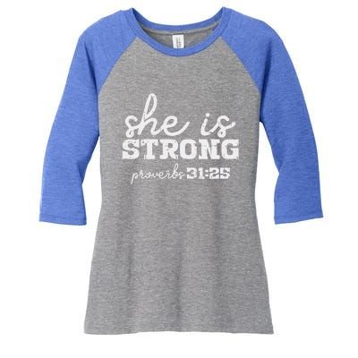 She Is Strong Proverbs Bible God Jesus Christian Gift Women's Tri-Blend 3/4-Sleeve Raglan Shirt