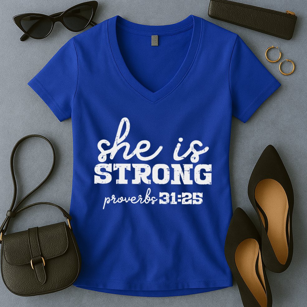 She Is Strong Proverbs Bible God Jesus Christian Gift Women's V-Neck T-Shirt