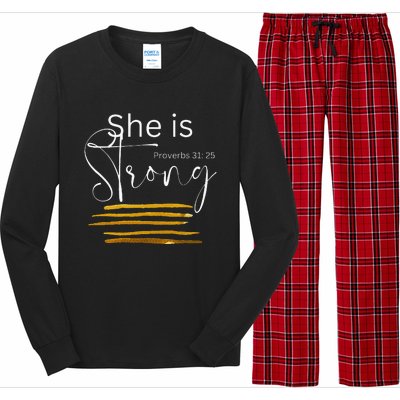 She Is Strong Proverbs 31:25 Bible Verse Slogan Long Sleeve Pajama Set