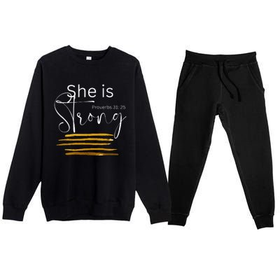 She Is Strong Proverbs 31:25 Bible Verse Slogan Premium Crewneck Sweatsuit Set