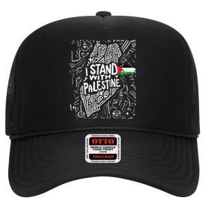 Support I Stand With Palestine Free Palestine Flag Arabic  High Crown Mesh Back Trucker Hat