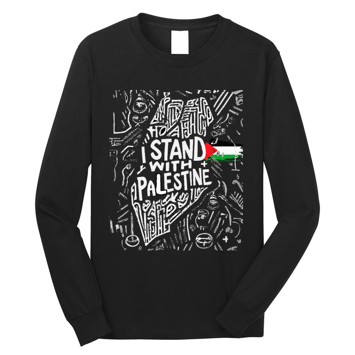 Support I Stand With Palestine Free Palestine Flag Arabic  Long Sleeve Shirt