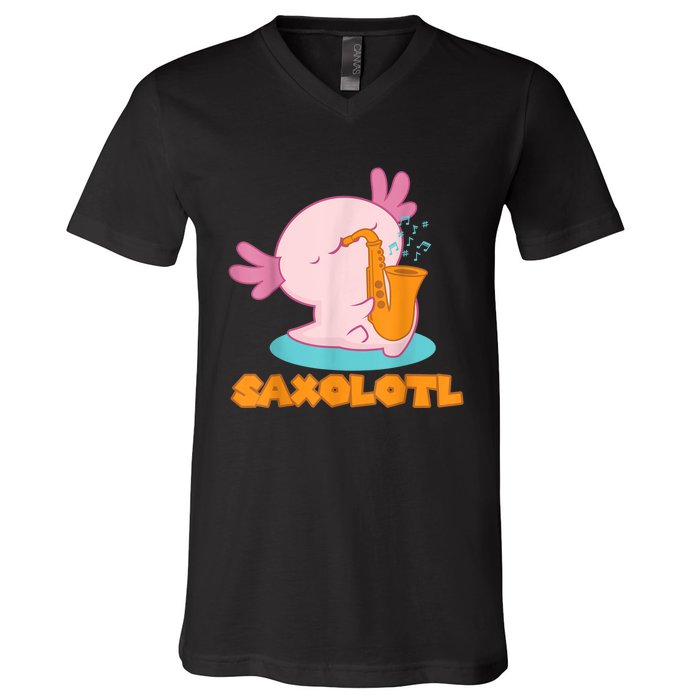 Saxolotl I Sax Bari Saxophone Pink Axolotl V-Neck T-Shirt