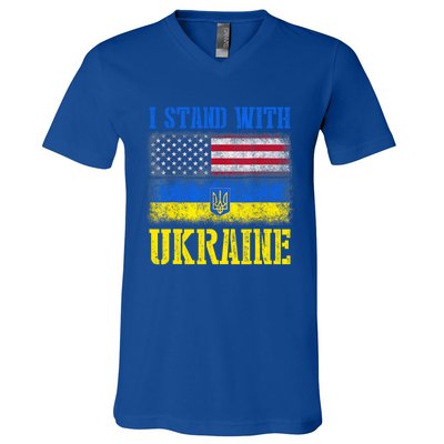 Support I Stand With Ukraine American Ukrainian Flag Gift V-Neck T-Shirt