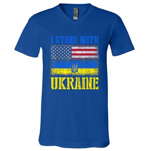 Support I Stand With Ukraine American Ukrainian Flag Gift V-Neck T-Shirt