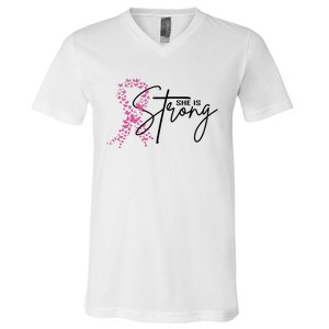 She Is Strong Breast Cancer Awareness V-Neck T-Shirt