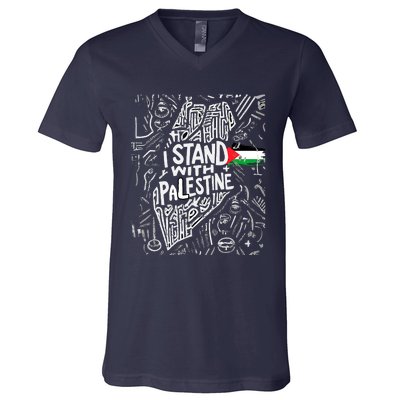 Support I Stand With Palestine Free Palestine Flag Arabic V-Neck T-Shirt