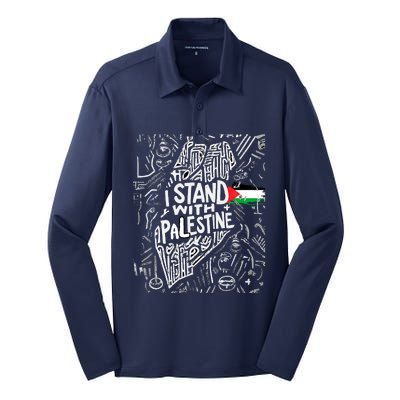 Support I Stand With Palestine Free Palestine Flag Arabic Silk Touch Performance Long Sleeve Polo