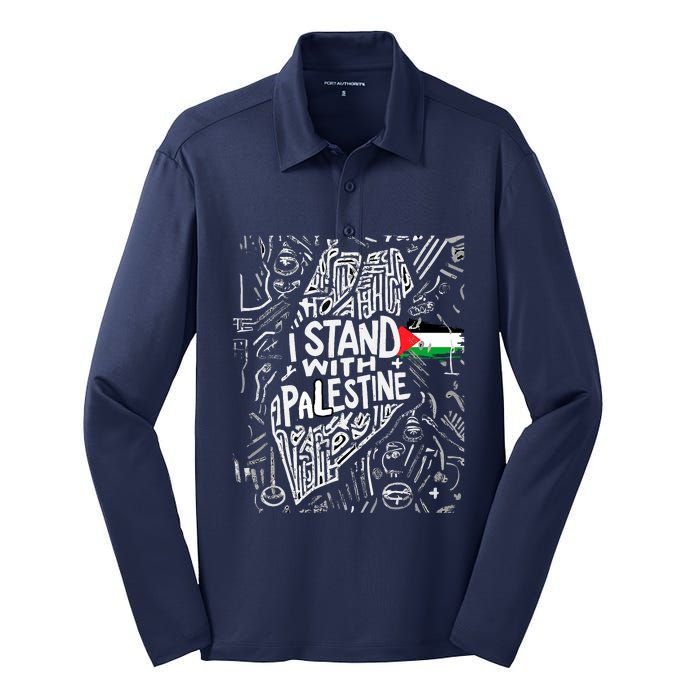 Support I Stand With Palestine Free Palestine Flag Arabic Silk Touch Performance Long Sleeve Polo