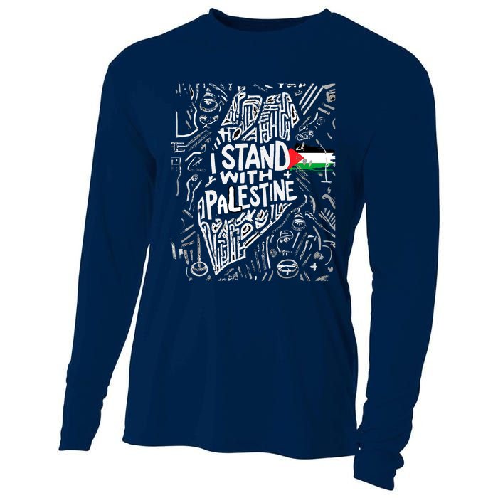 Support I Stand With Palestine Free Palestine Flag Arabic Cooling Performance Long Sleeve Crew