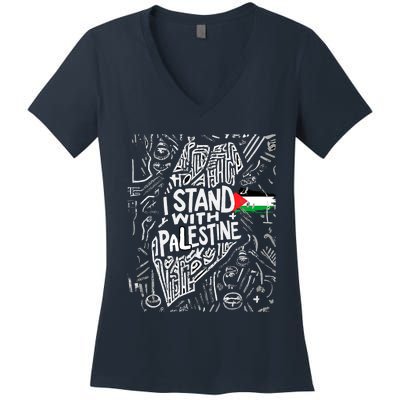 Support I Stand With Palestine Free Palestine Flag Arabic Women's V-Neck T-Shirt