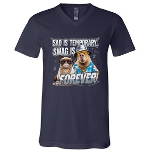 Sad Is Temporary Swag Is Forever Silly Cat Meme Capybara V-Neck T-Shirt