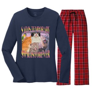 Sad Is Temporary Swag Is Forever Funny Silly Cat Meme Women's Long Sleeve Flannel Pajama Set 