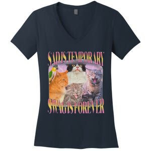 Sad Is Temporary Swag Is Forever Funny Silly Cat Meme Women's V-Neck T-Shirt