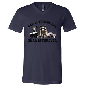 Sad Is Temporary Swag Is Forever Funny Racoon Lover Retro V-Neck T-Shirt