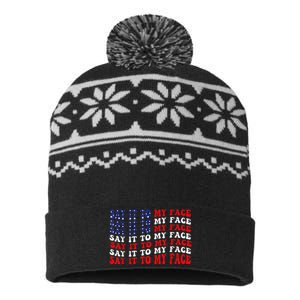 Say It To My Face Funny Kamalaharris Challenges Trump USA-Made Snowflake Beanie