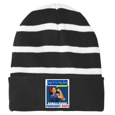 Say It To My Face Kamala Harris 2024 Striped Beanie with Solid Band