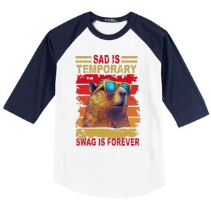 Sad Is Temporary Swag Is Forever Funny Cool Capybara Retro Baseball Sleeve Shirt