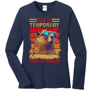 Sad Is Temporary Swag Is Forever Funny Cool Capybara Retro Ladies Long Sleeve Shirt