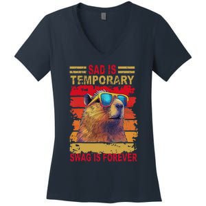 Sad Is Temporary Swag Is Forever Funny Cool Capybara Retro Women's V-Neck T-Shirt