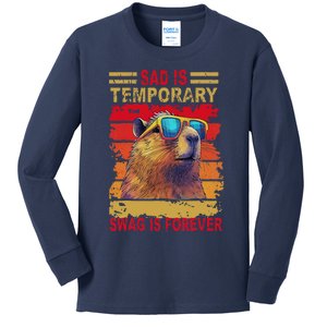 Sad Is Temporary Swag Is Forever Funny Cool Capybara Retro Kids Long Sleeve Shirt