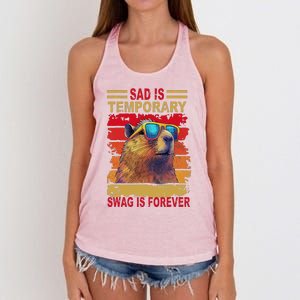 Sad Is Temporary Swag Is Forever Funny Cool Capybara Retro Women's Knotted Racerback Tank