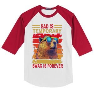 Sad Is Temporary Swag Is Forever Funny Cool Capybara Retro Kids Colorblock Raglan Jersey