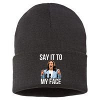 Say It To My Face Funny Kamalaharris Challenges Trump Sustainable Knit Beanie