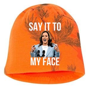 Say It To My Face Funny Kamalaharris Challenges Trump Kati - Camo Knit Beanie