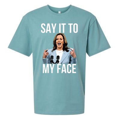 Say It To My Face Funny Kamalaharris Challenges Trump Sueded Cloud Jersey T-Shirt