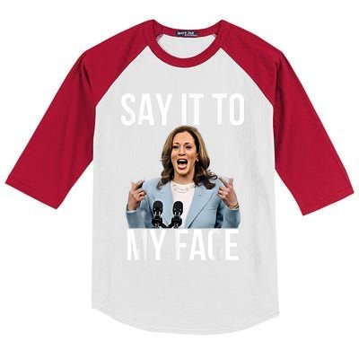 Say It To My Face Funny Kamala Harris Challenges Trump Kids Colorblock Raglan Jersey