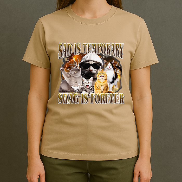Sad Is Temporary Swag Is Forever Cat & Funny Meme Cute Cat T-Shirt